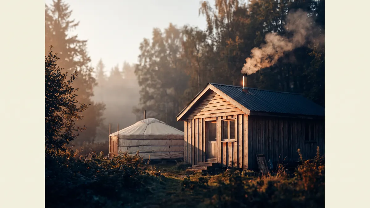 Cabane en bois et yourte dans une clairière forestière à la lumière du soir